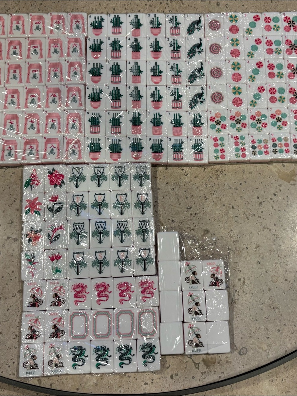 Mahjong Tile Set - Pink & Green Floral Bamboo Design